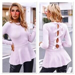 CHIC ME Cut out Back Bow Detail Peplum Knit top Lavender Pink S-M NWOT